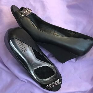 Chaps Black w/silver Accent Open Toe Wedge Heels.